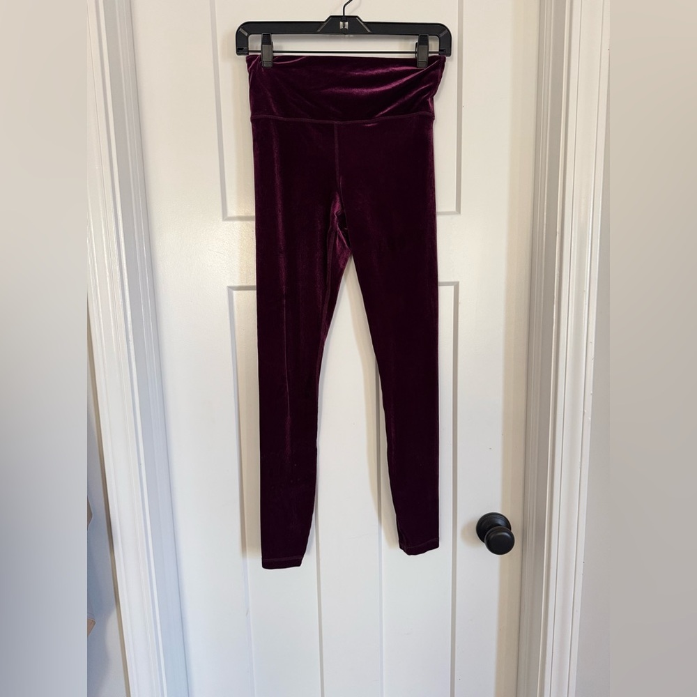 Athleta Velour Full Length Velvet Leggings SM Purple Burgundy Holiday